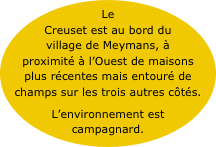 Le Creuset est au bord du village de Meymans, à proximité à l’Ouest de maisons plus récentes mais entouré de champs sur les trois autres côtés.
L’environnement est campagnard.